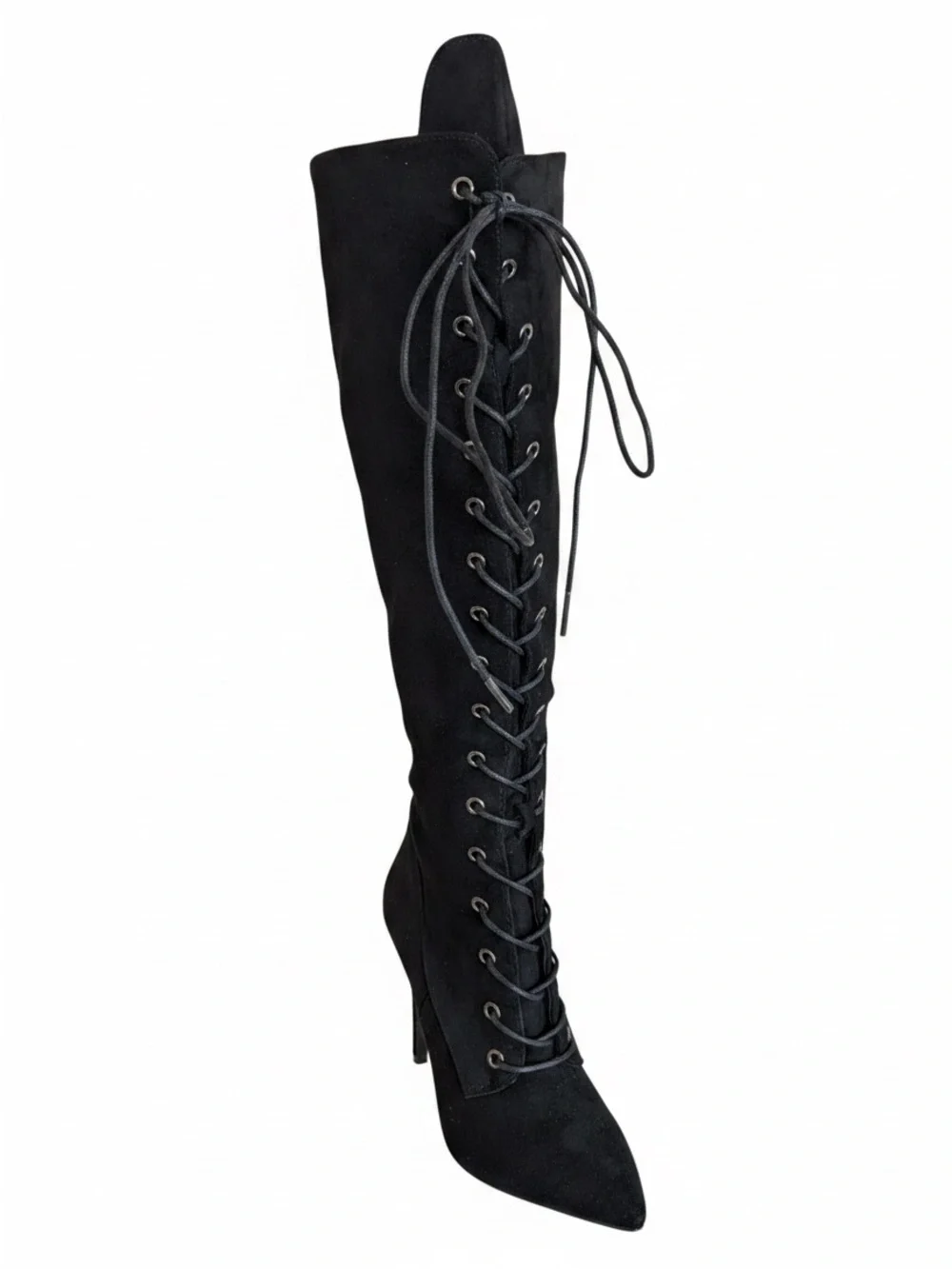 Black Lace-Up Knee-High Stiletto Boots - Women